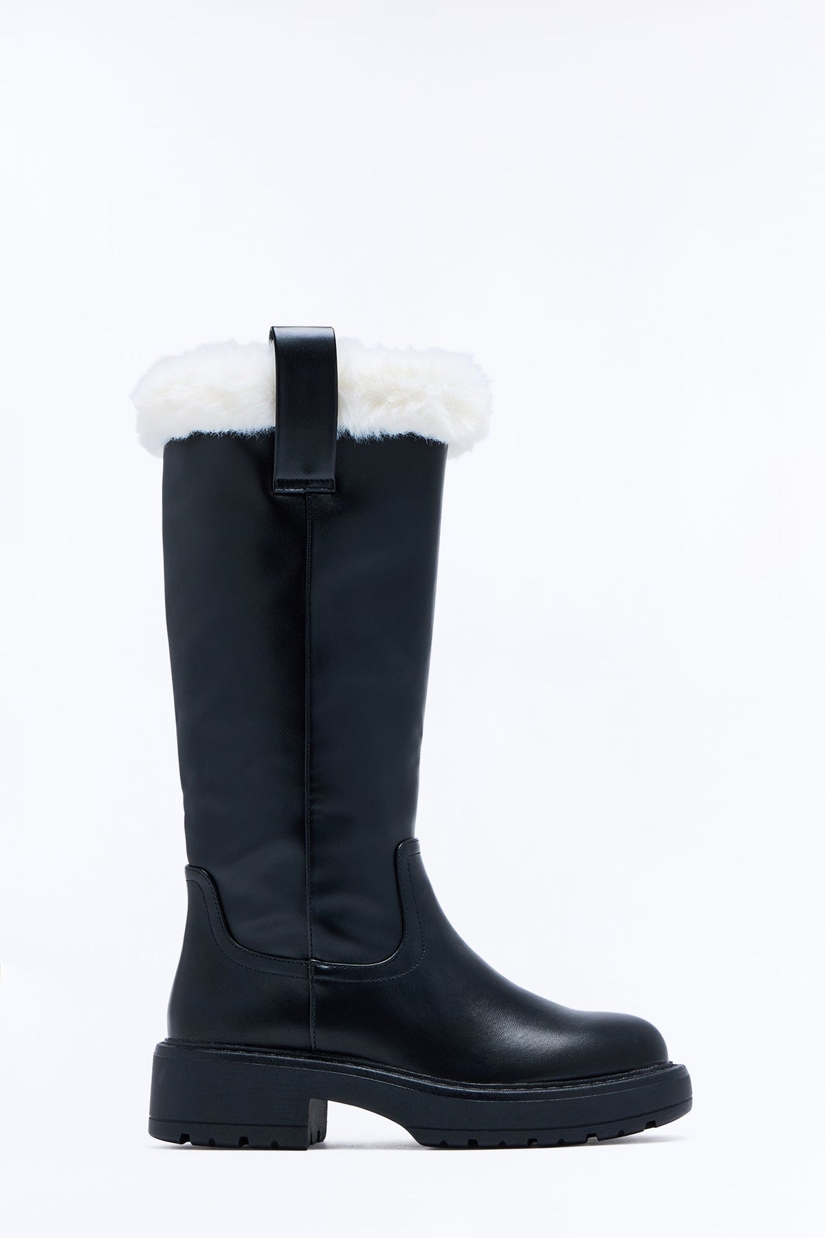 Remily Fur Trim Knee High Boots - Black