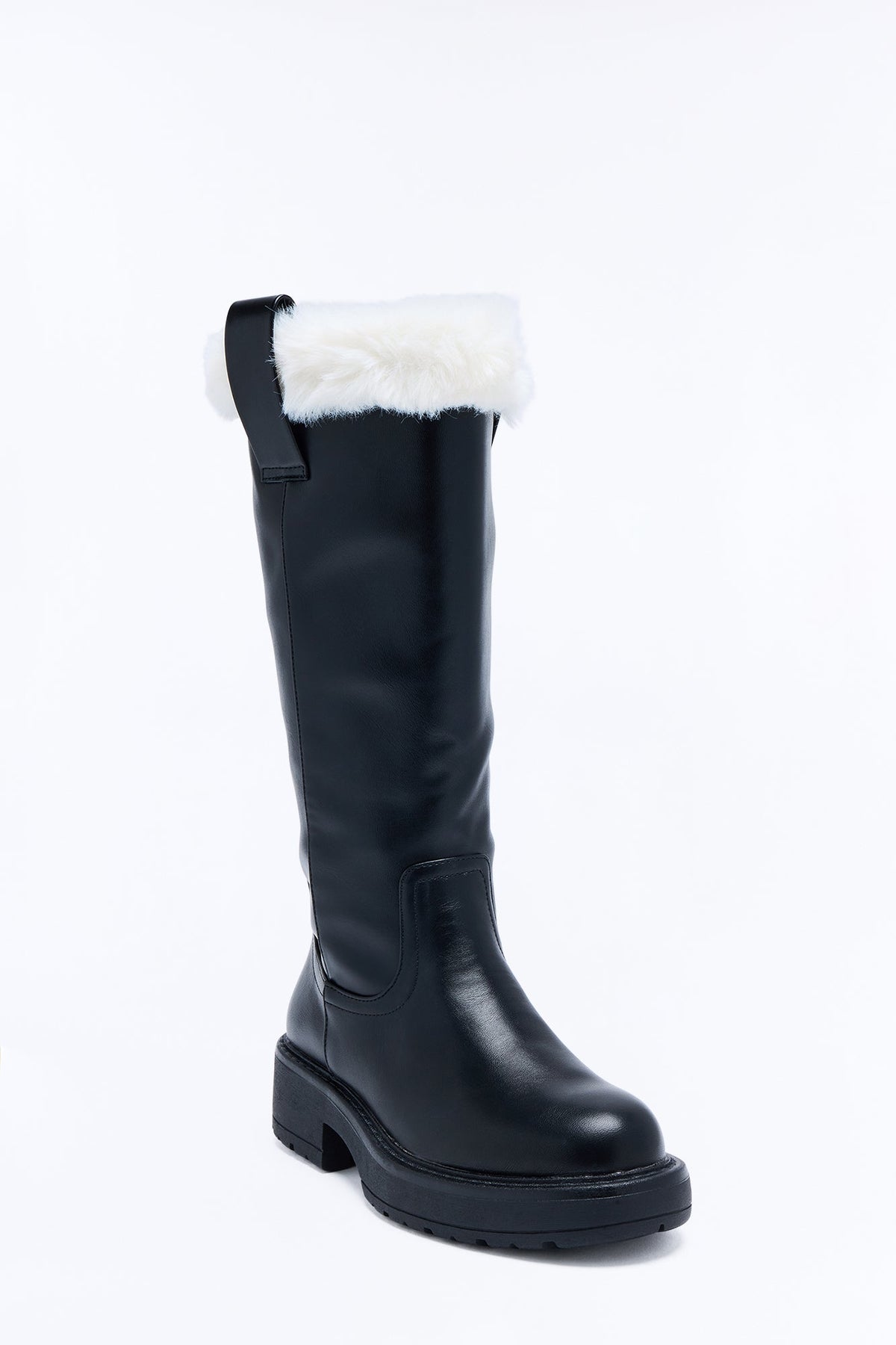Remily Fur Trim Knee High Boots - Black