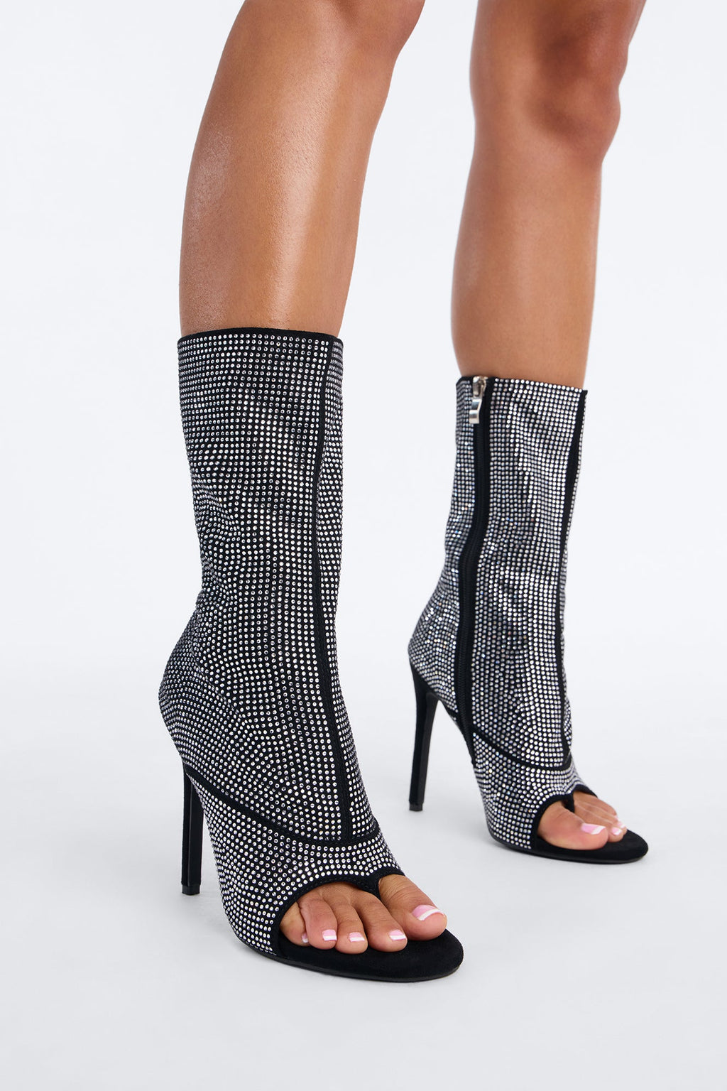 Zaria Rhinestone Stiletto Booties - Black/Silver