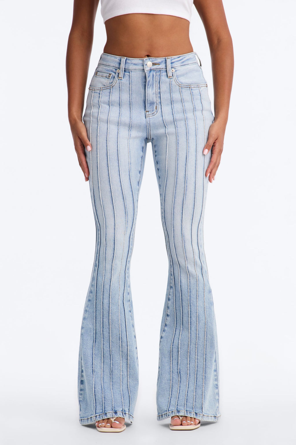 Paris Pintucks High Rise Stretch Flare Jeans - Light Wash