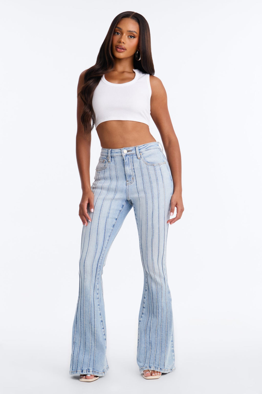 Paris Pintucks High Rise Stretch Flare Jeans - Light Wash