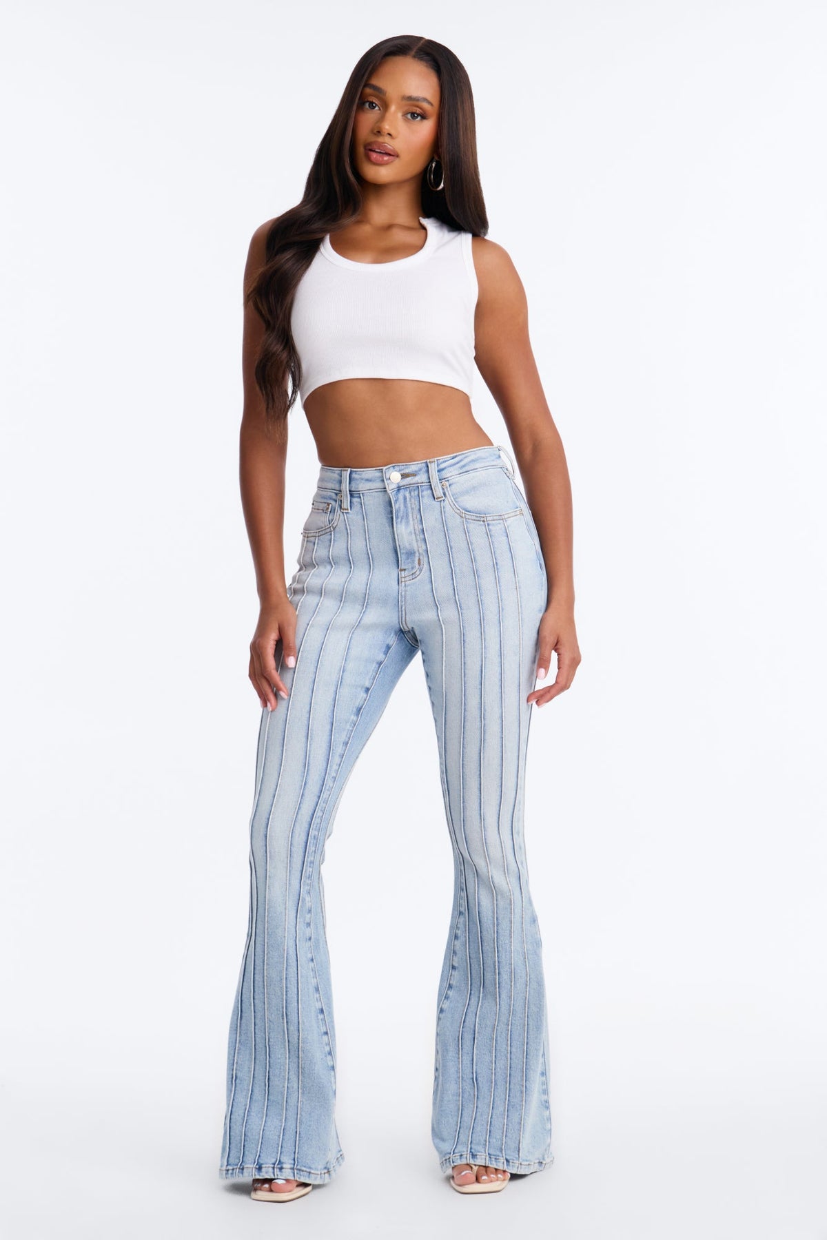 Paris Pintucks High Rise Stretch Flare Jeans - Light Wash
