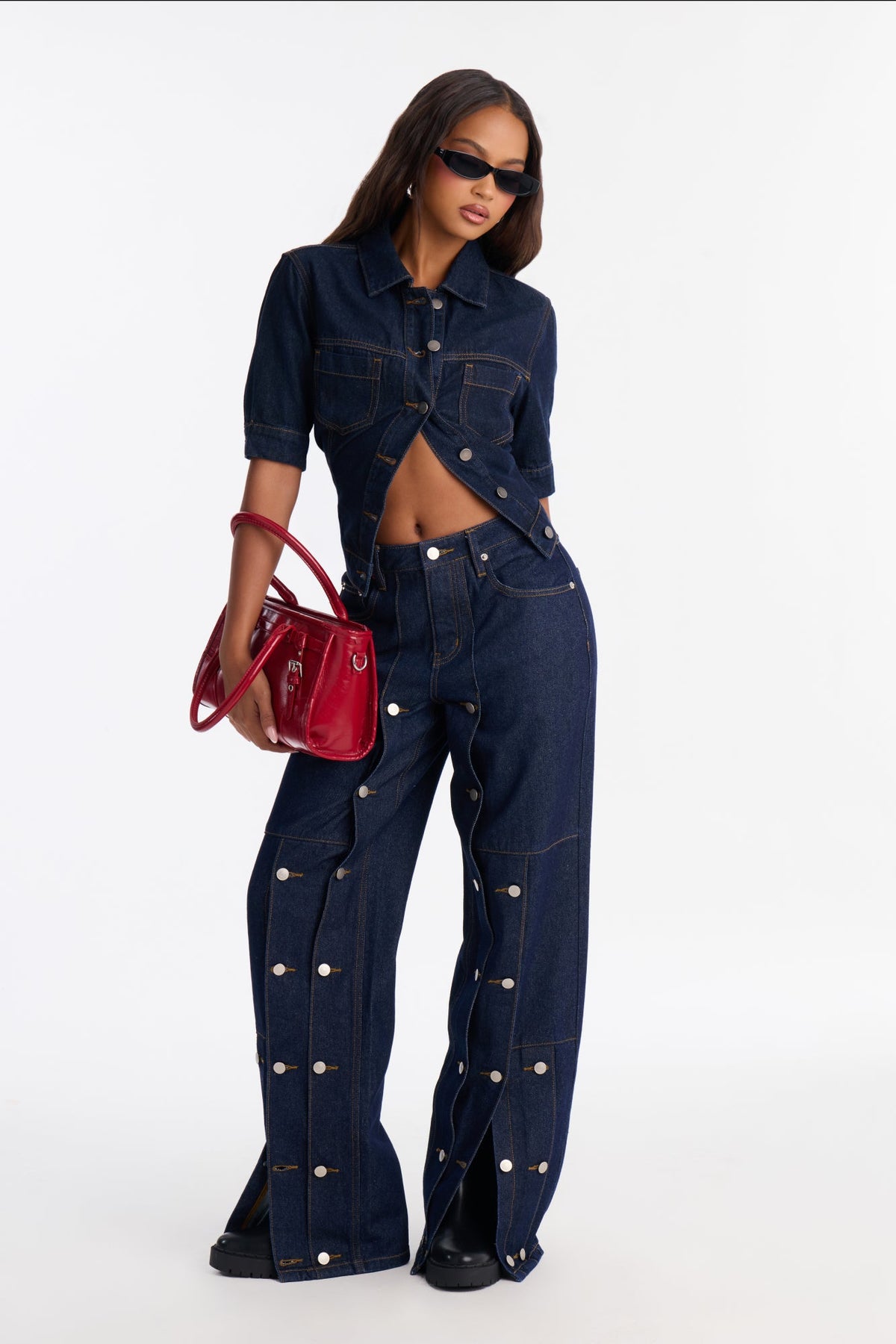 Memory Lane Buttoned High Rise Wide Leg Jeans - Dark Denim