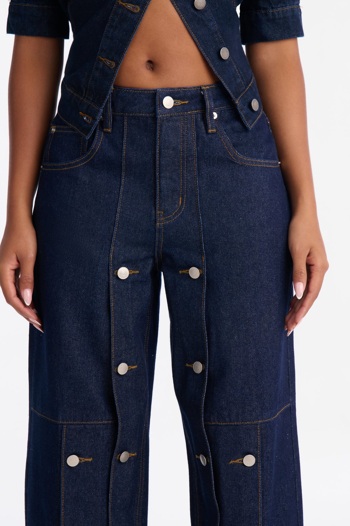 Memory Lane Buttoned High Rise Wide Leg Jeans - Dark Denim