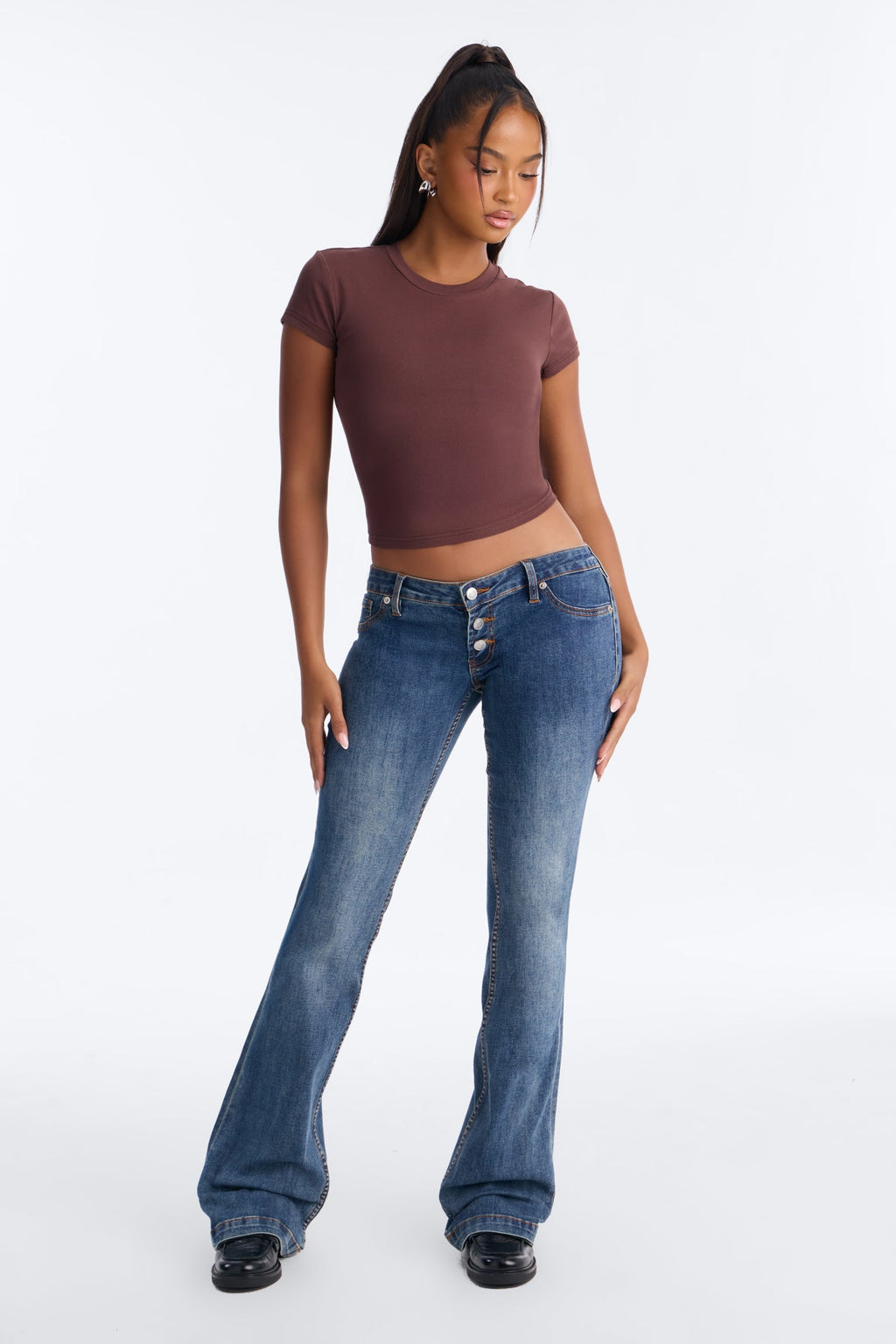 Take A Ride Ultra Low Rise Buttonfly Flare Jeans - Dark Wash