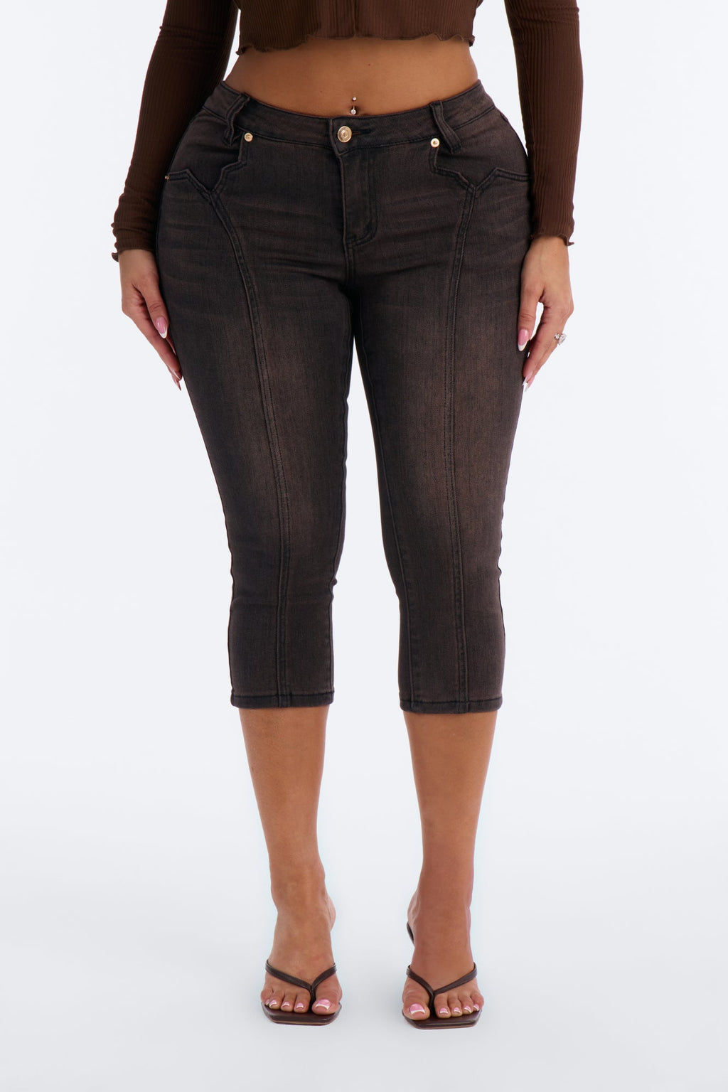 The Encore Low Rise Stretch Capri Skinny Jeans - Brown