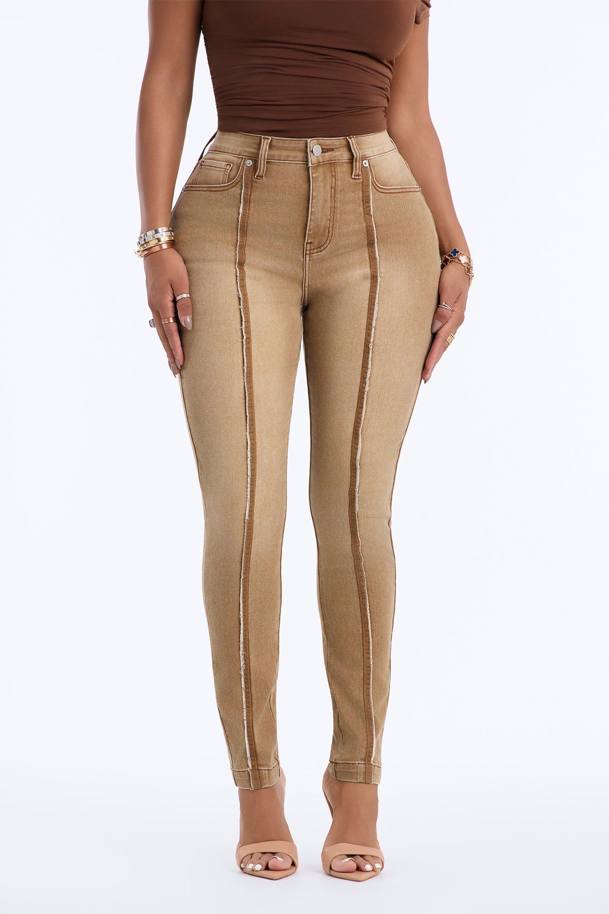 No Disruption High Rise Seamed Stretch Skinny Jeans - Tan