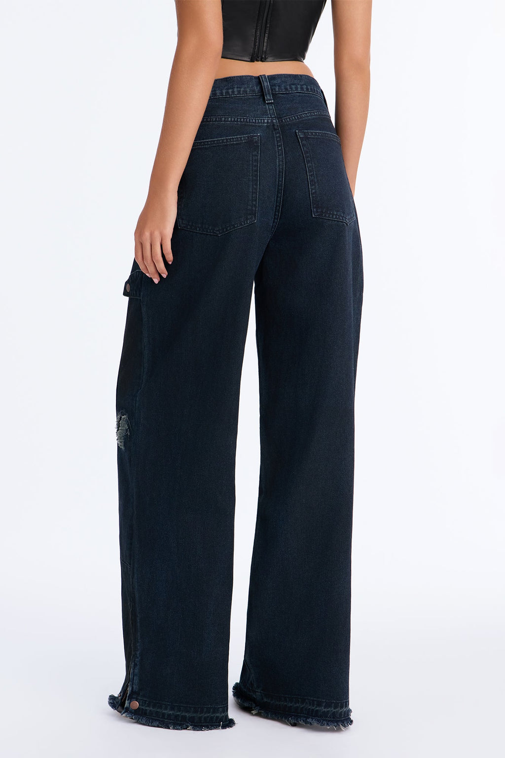Nocturne Ripped Released Hem Wide Leg Jeans - Dark Wash
