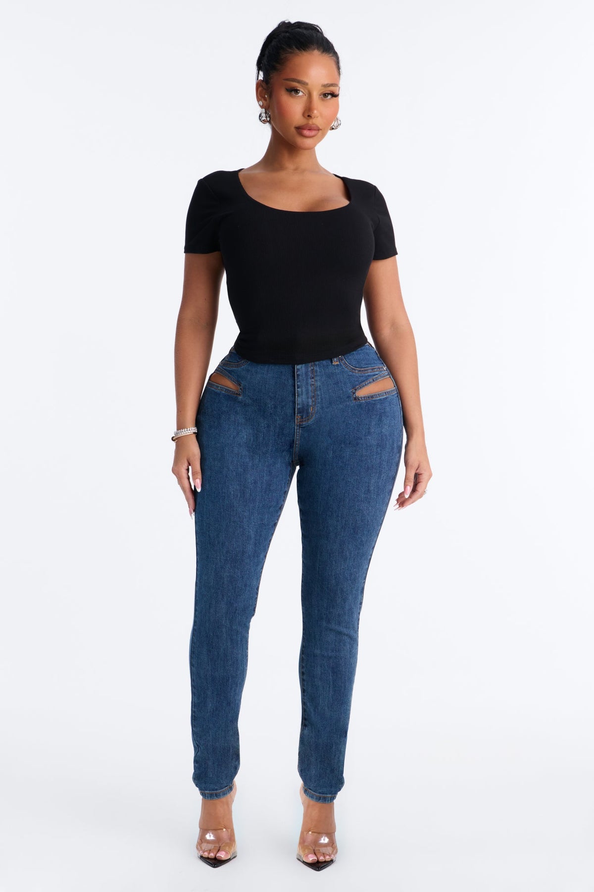 Late Nights Cut Out High Rise Skinny Jeans - Dark Wash