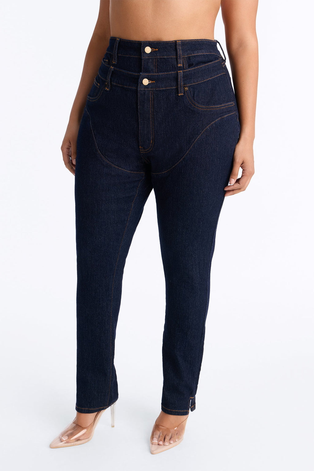 Good Intention Double Waistband High Rise Skinny Jeans - Dark Denim