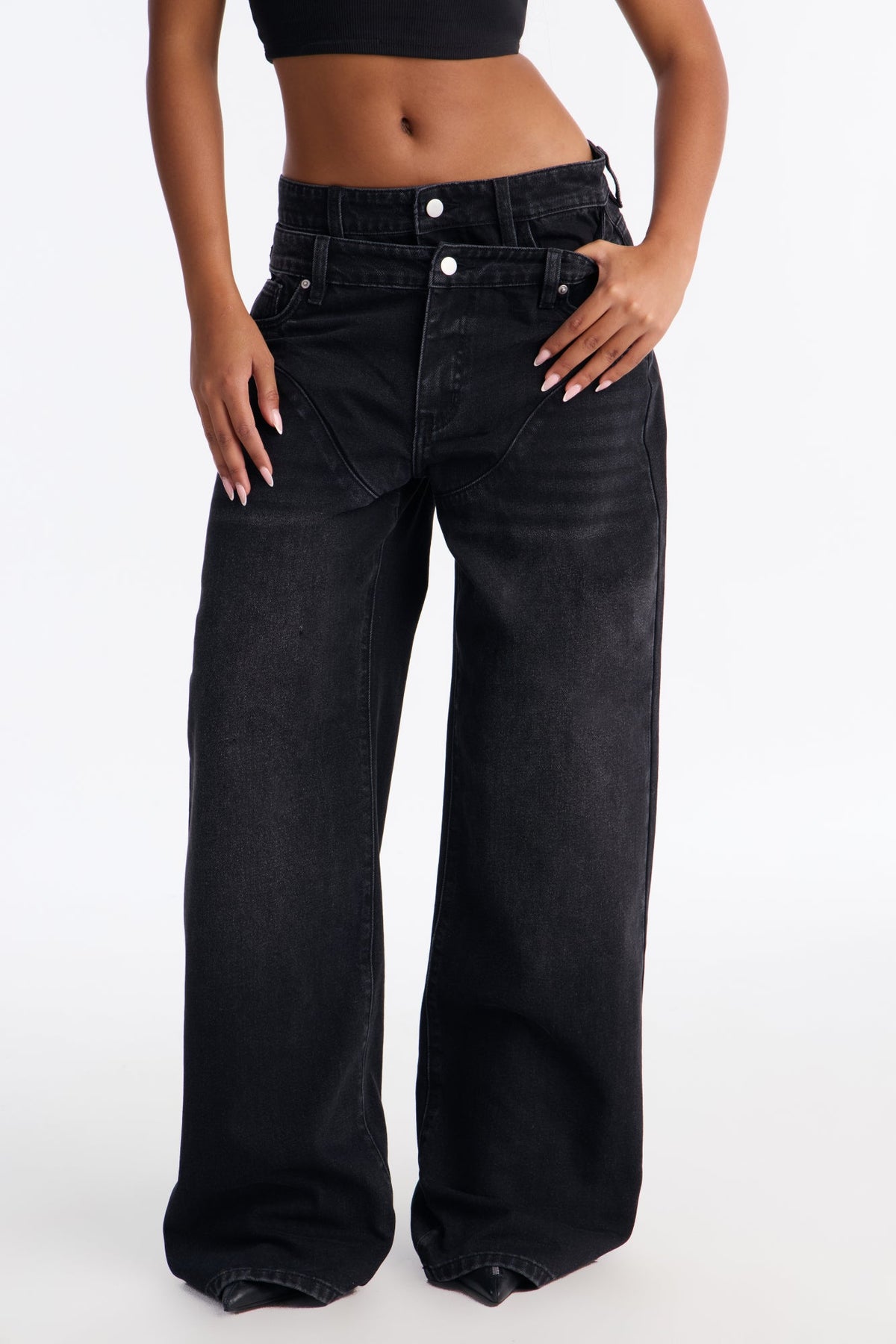 Toronto Double Waistband Straight Leg Jeans - Black Wash