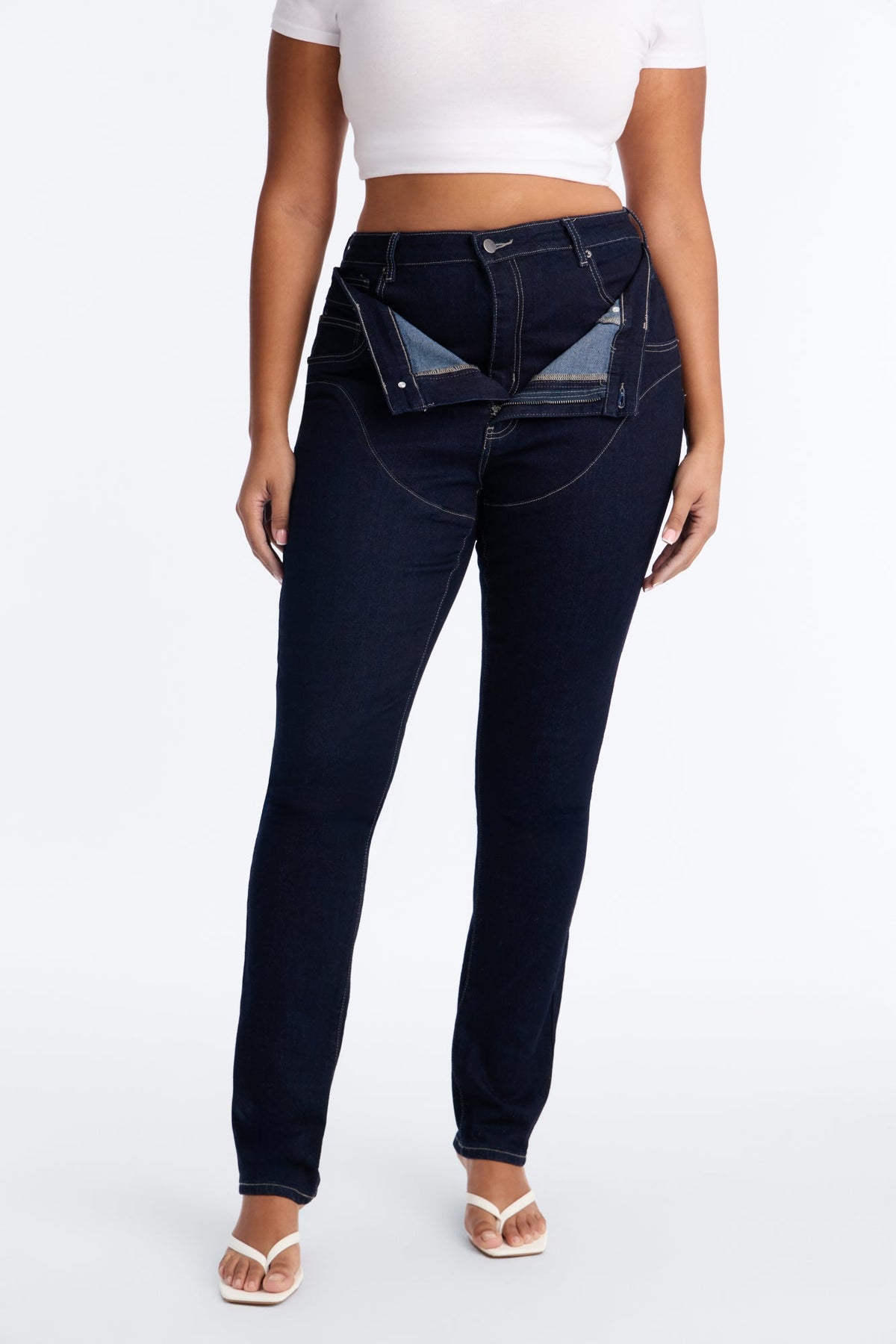 Think Twice Double Waistband High Rise Stacked Skinny Jeans - Dark Denim