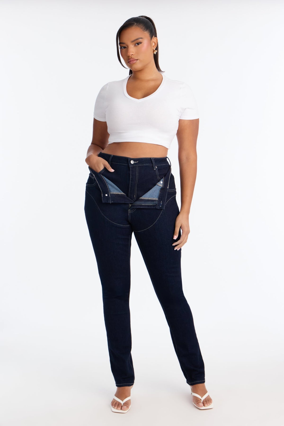Think Twice Double Waistband High Rise Stacked Skinny Jeans - Dark Denim