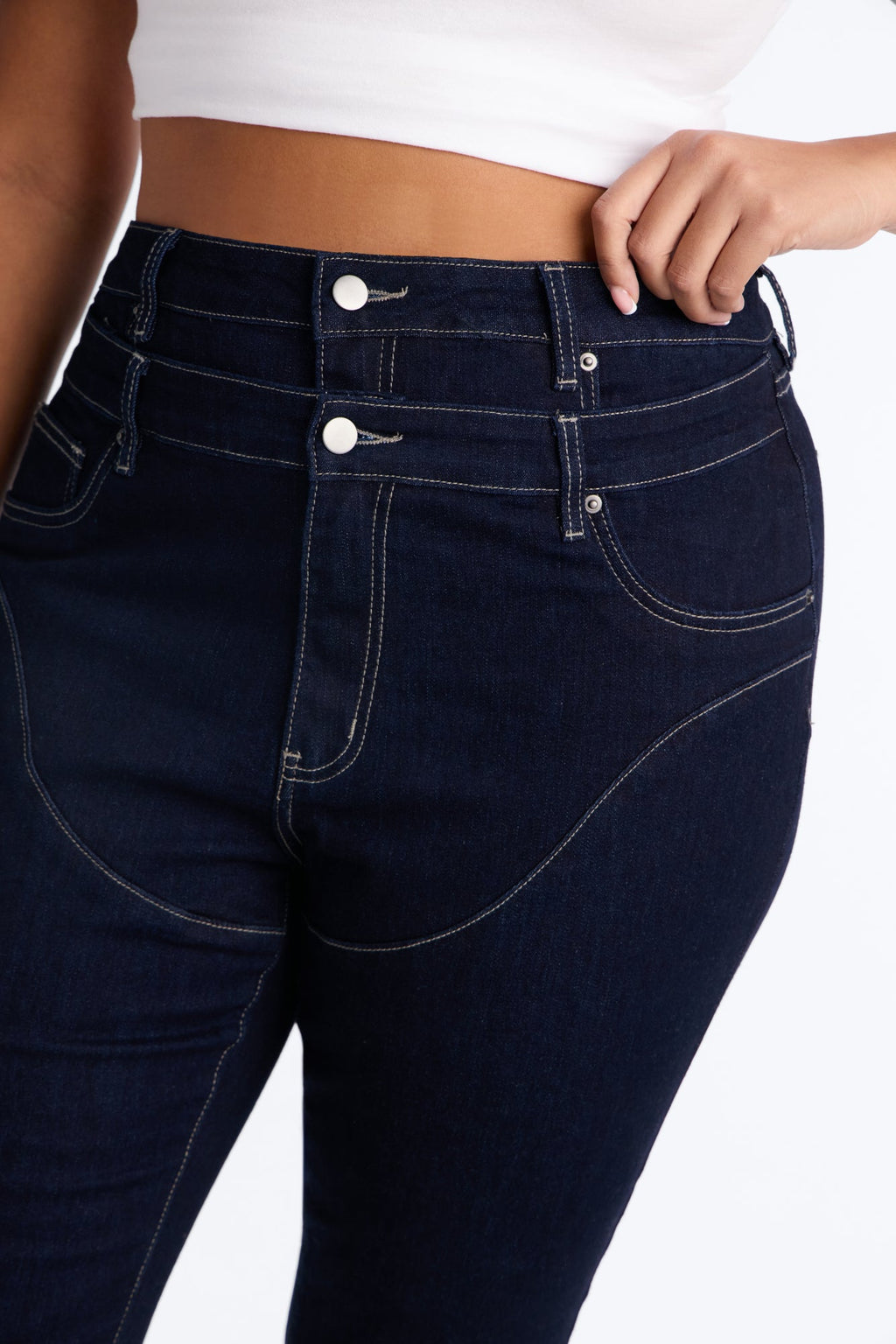 Think Twice Double Waistband High Rise Stacked Skinny Jeans - Dark Denim