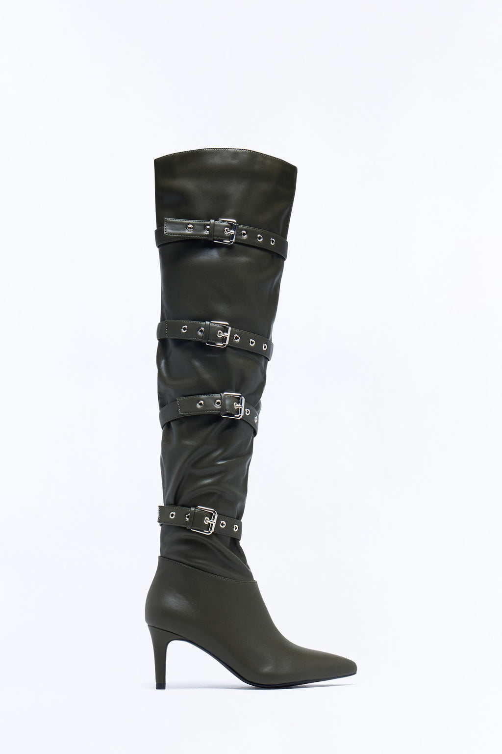 No Backing Down Thigh High Heeled Boots - Olive