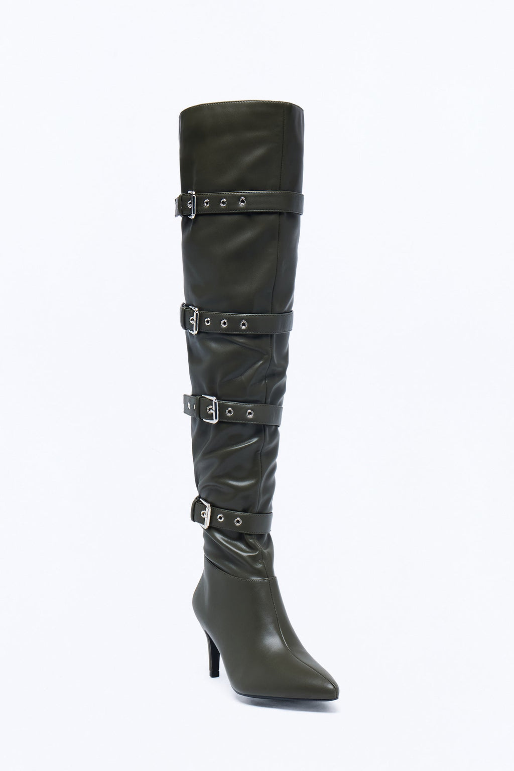 No Backing Down Thigh High Heeled Boots - Olive