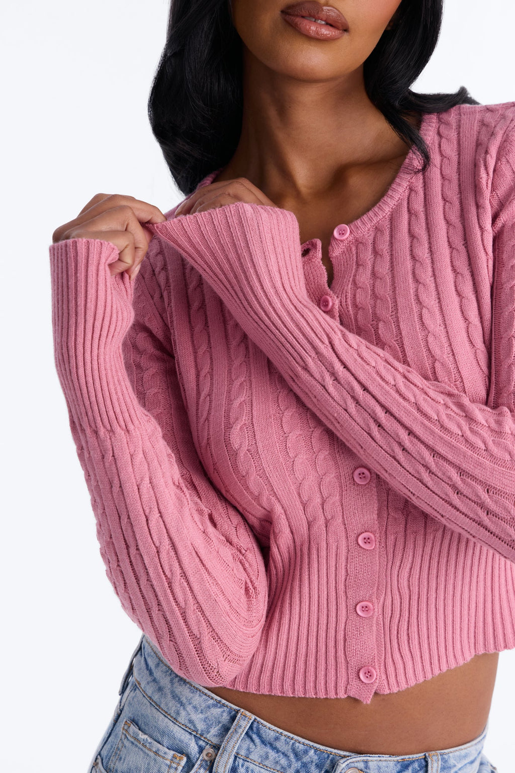 Yulia Cable Knit Button Up Cardigan - Mauve
