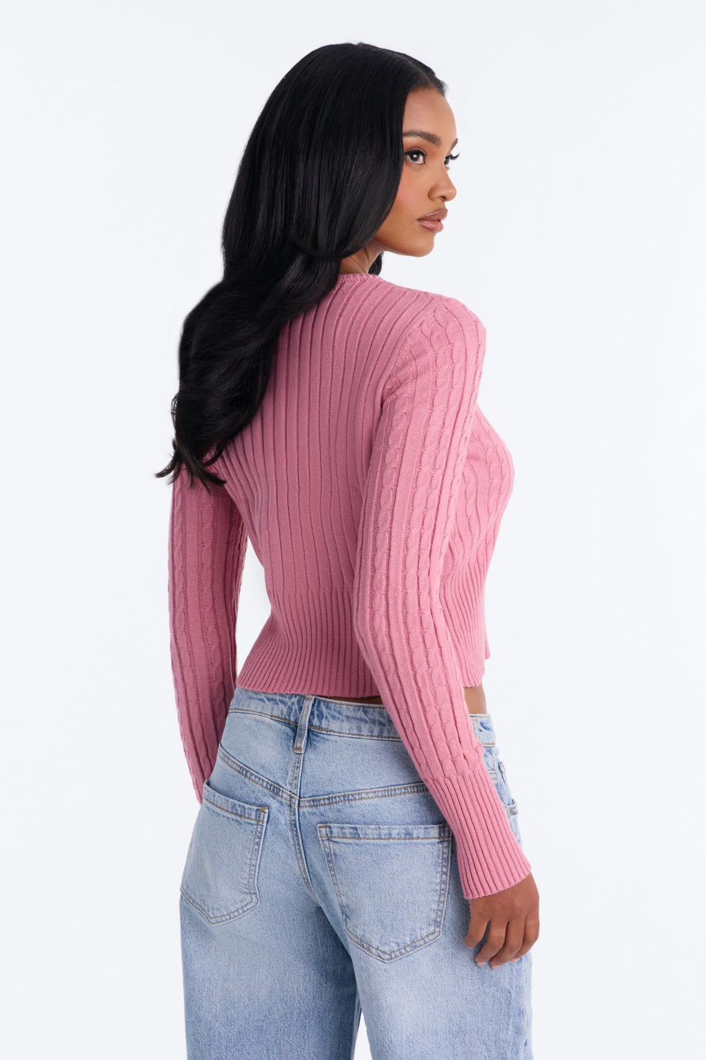 Yulia Cable Knit Button Up Cardigan - Mauve