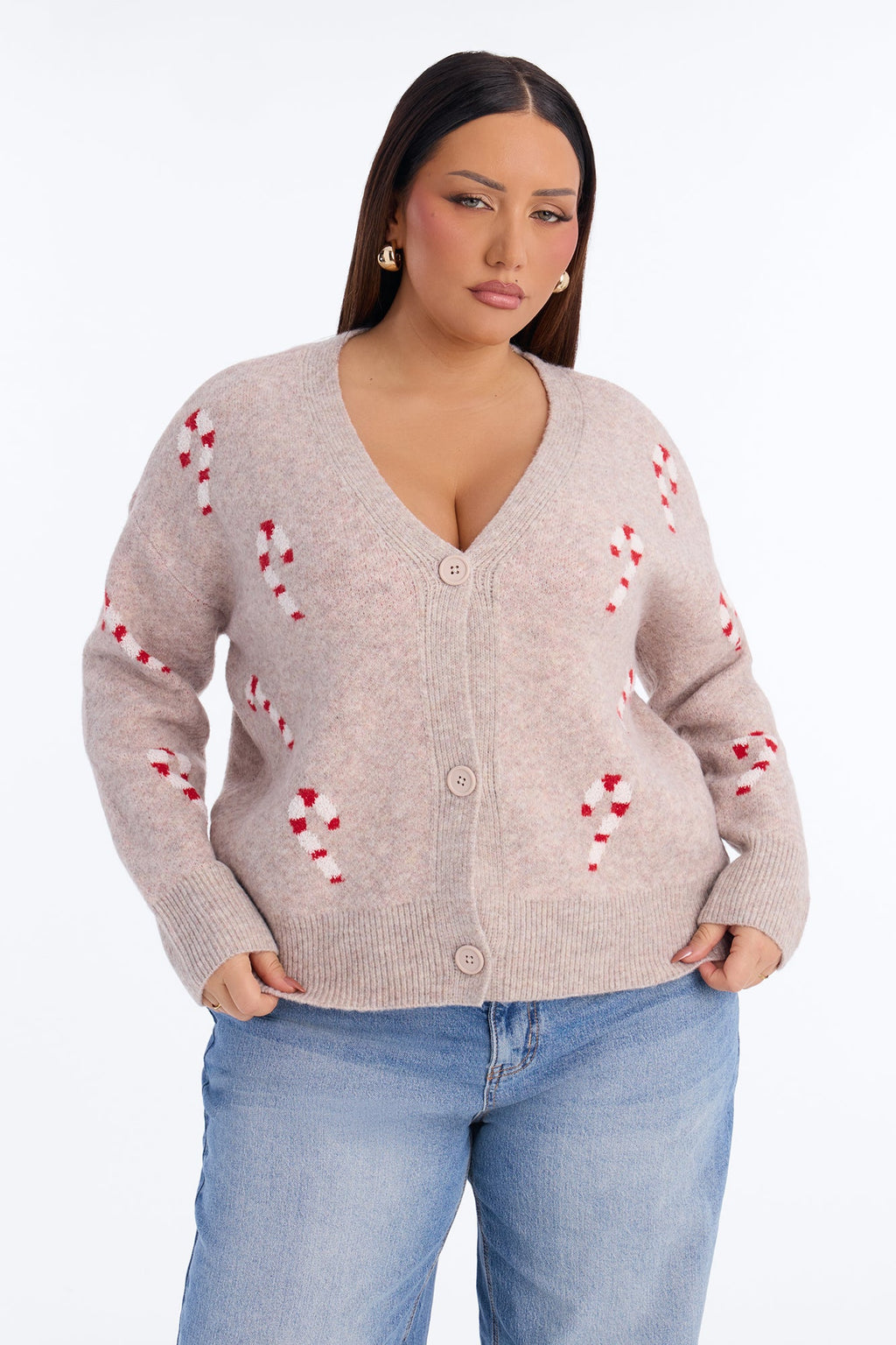 Feeling Festive Candy Cane Cardigan - Camel/combo