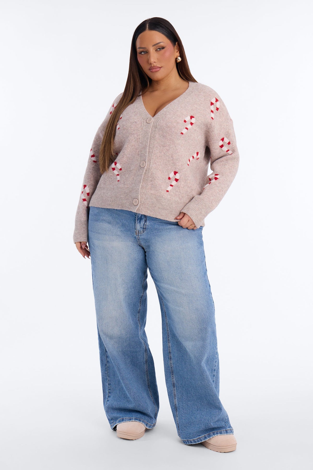 Feeling Festive Candy Cane Cardigan - Camel/combo