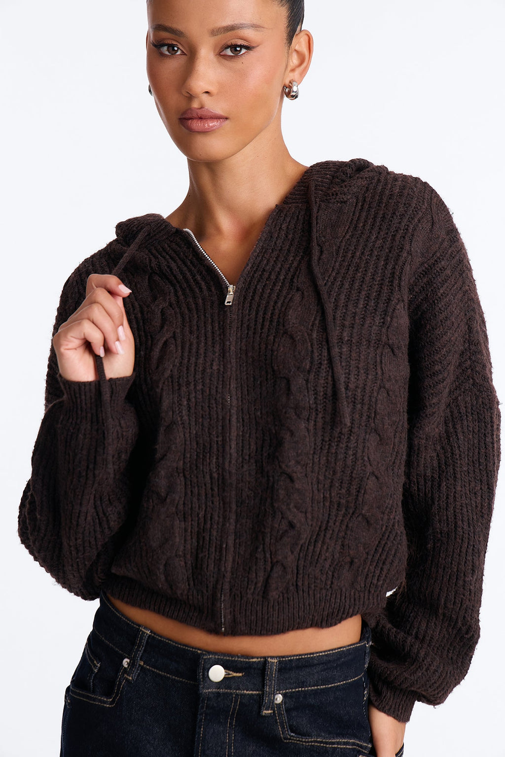 Carly Cable Knit Cardigan Sweater - Chocolate