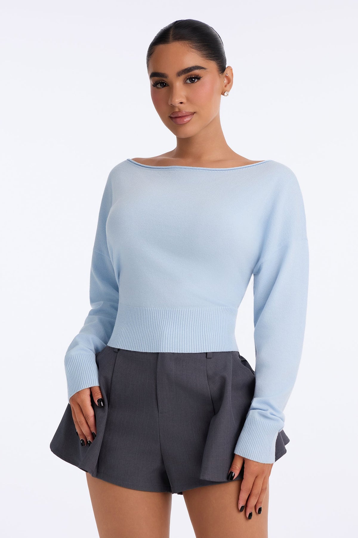 Janette Long Sleeve Boat Neck Sweater - Blue