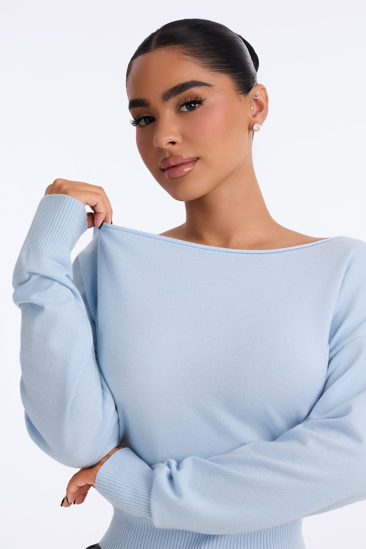 Janette Long Sleeve Boat Neck Sweater - Blue