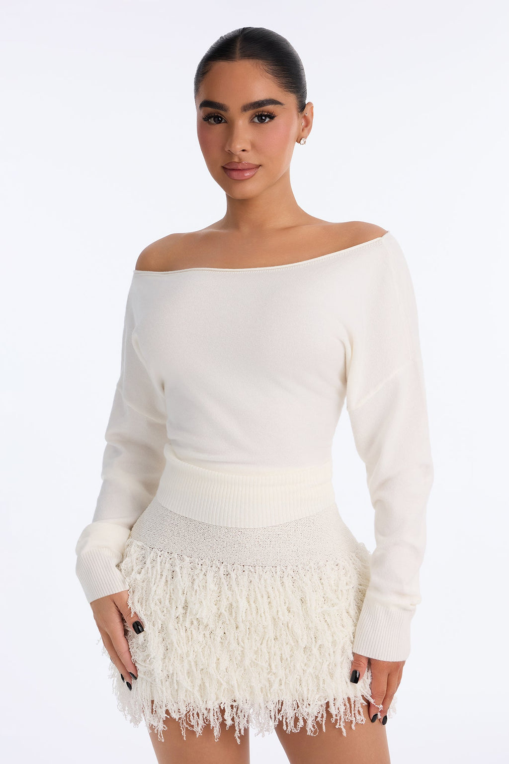 Janette Long Sleeve Boat Neck Sweater - Cream