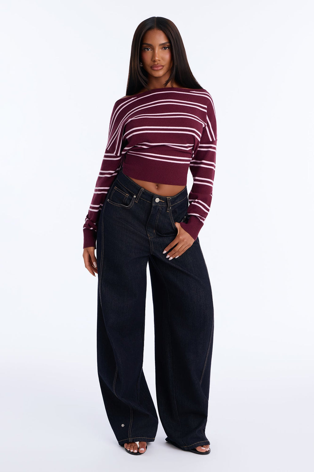 Connie Long Sleeve Striped Sweater - Burgundy/combo