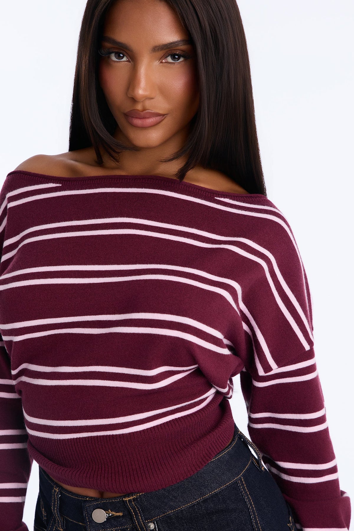 Connie Long Sleeve Striped Sweater - Burgundy/combo