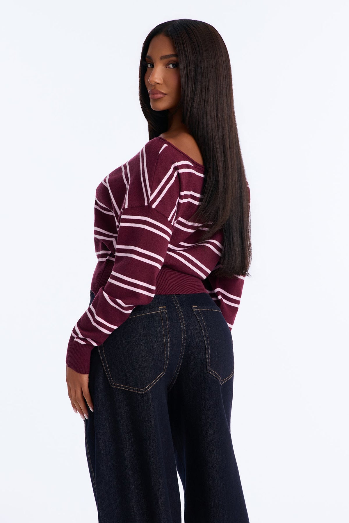 Connie Long Sleeve Striped Sweater - Burgundy/combo