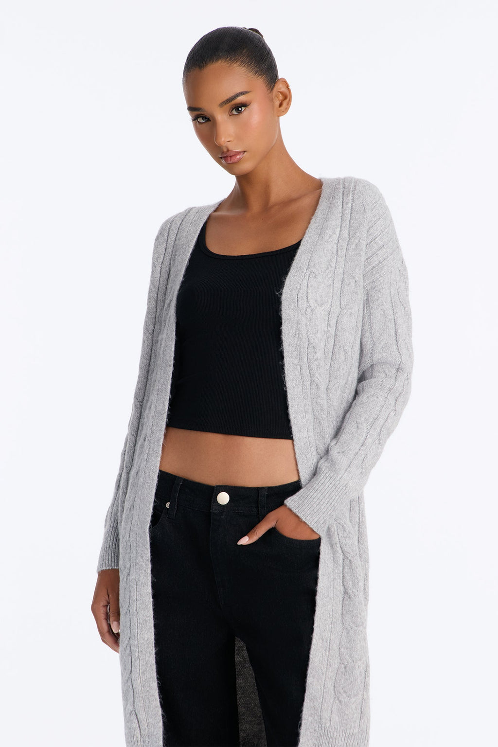 Natalie Cable Knit Long Sleeve Cardigan - HeatherGrey