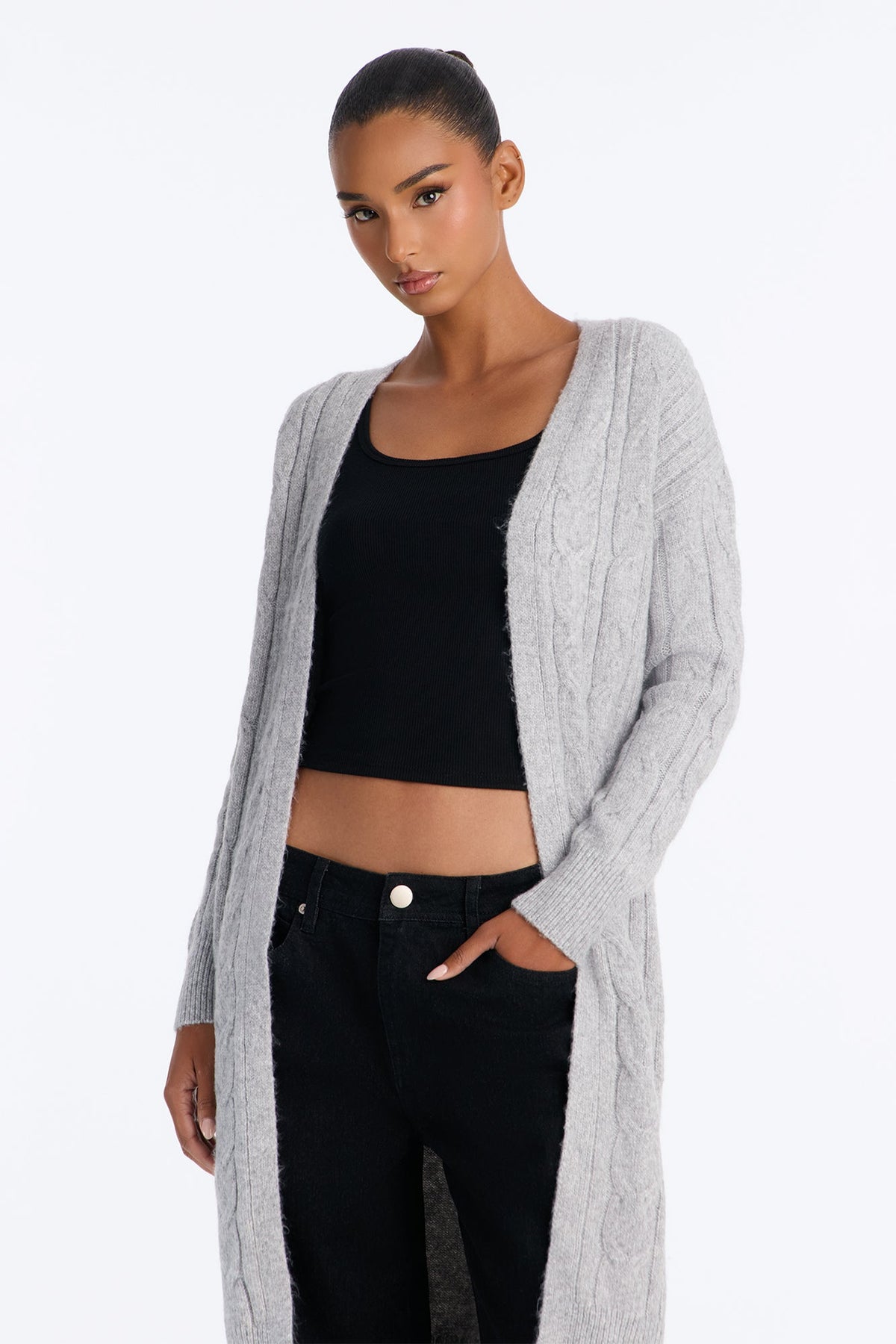Natalie Cable Knit Long Sleeve Cardigan - HeatherGrey