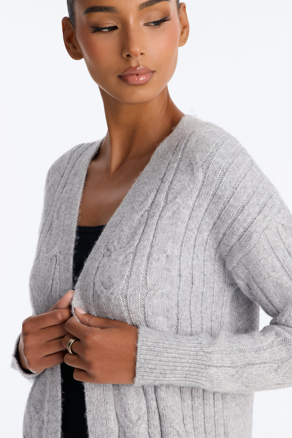 Natalie Cable Knit Long Sleeve Cardigan - HeatherGrey