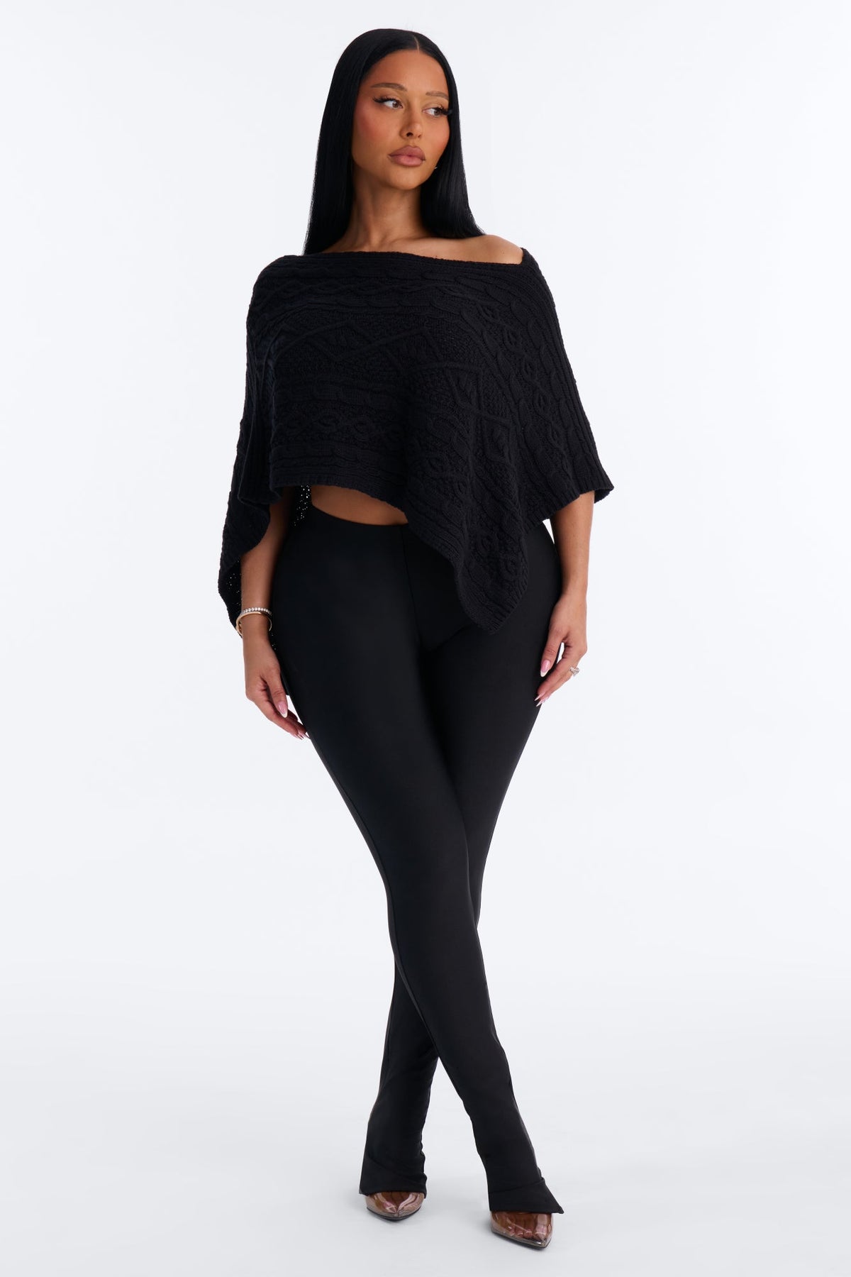 Mischa Cable Knit Poncho - Black
