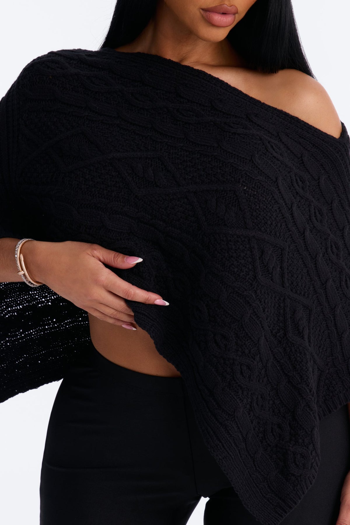 Mischa Cable Knit Poncho - Black