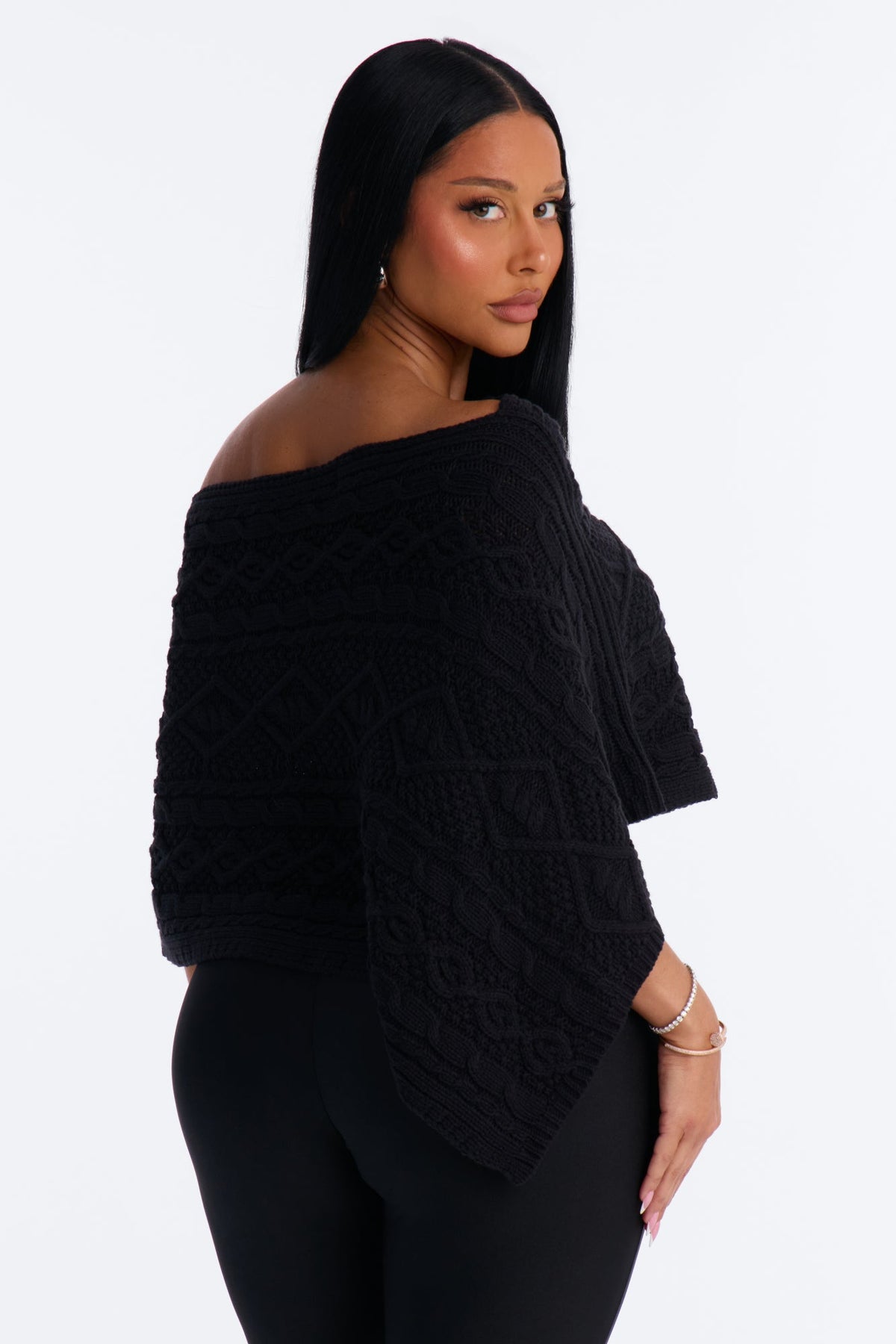 Mischa Cable Knit Poncho - Black