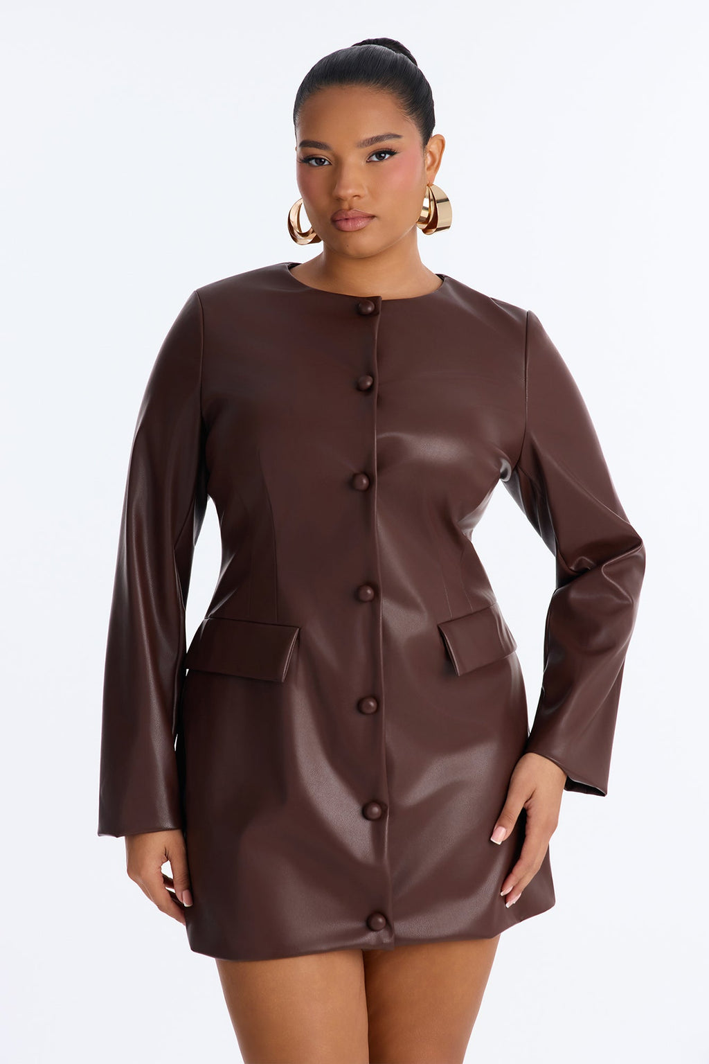 Shes A Big Stepper Faux Leather Blazer MIni Dress - Chocolate