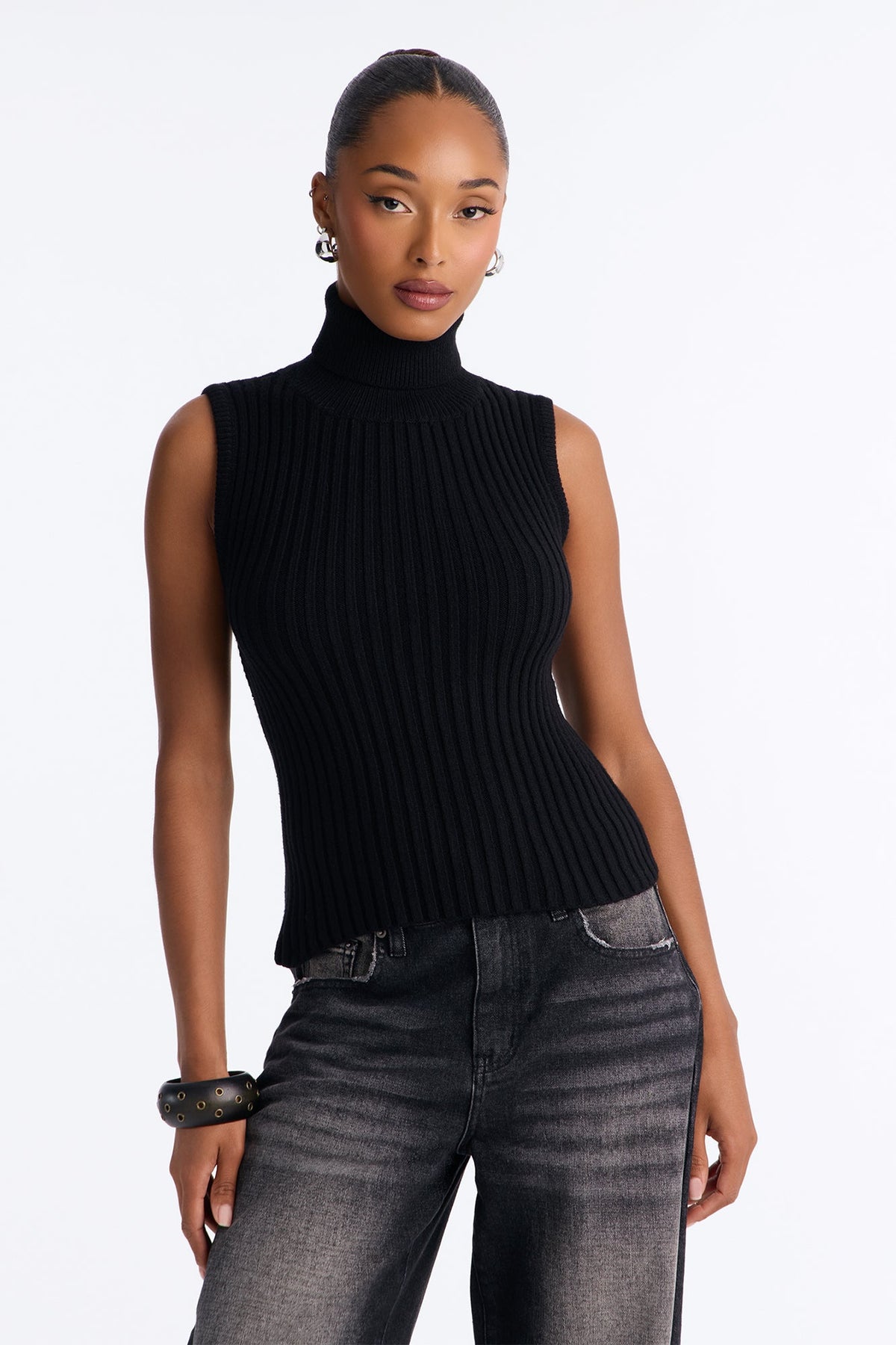 Addictive Behavior Backless Funnel Neck Sweater Top - Black