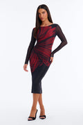 Floral Rhinestone Studded Long Sleeve Midi Dress - Wine/combo