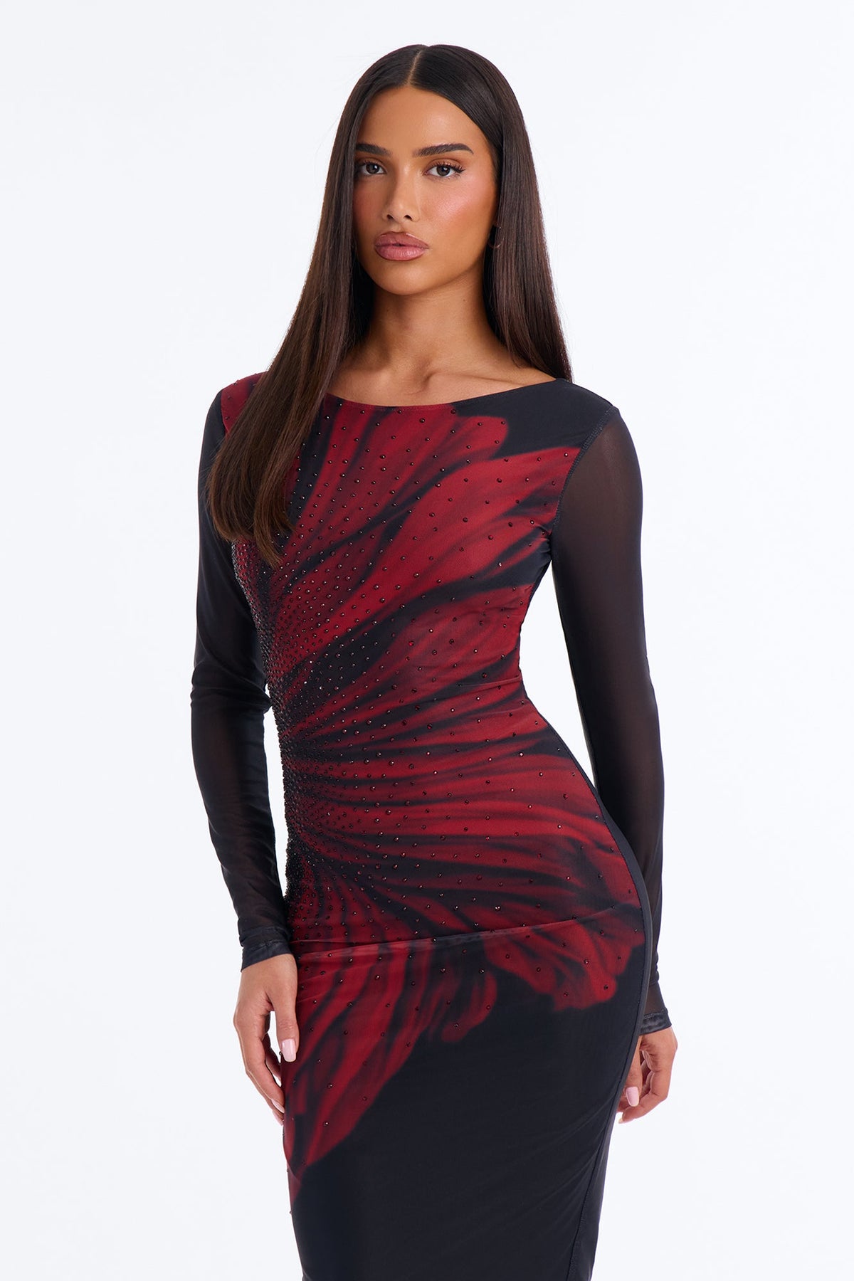 Floral Rhinestone Studded Long Sleeve Midi Dress - Wine/combo