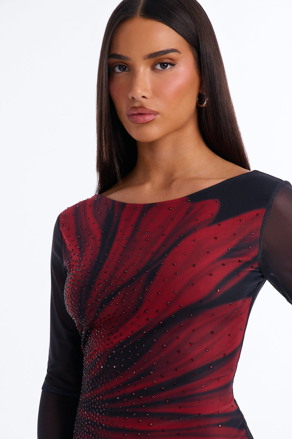 Floral Rhinestone Studded Long Sleeve Midi Dress - Wine/combo