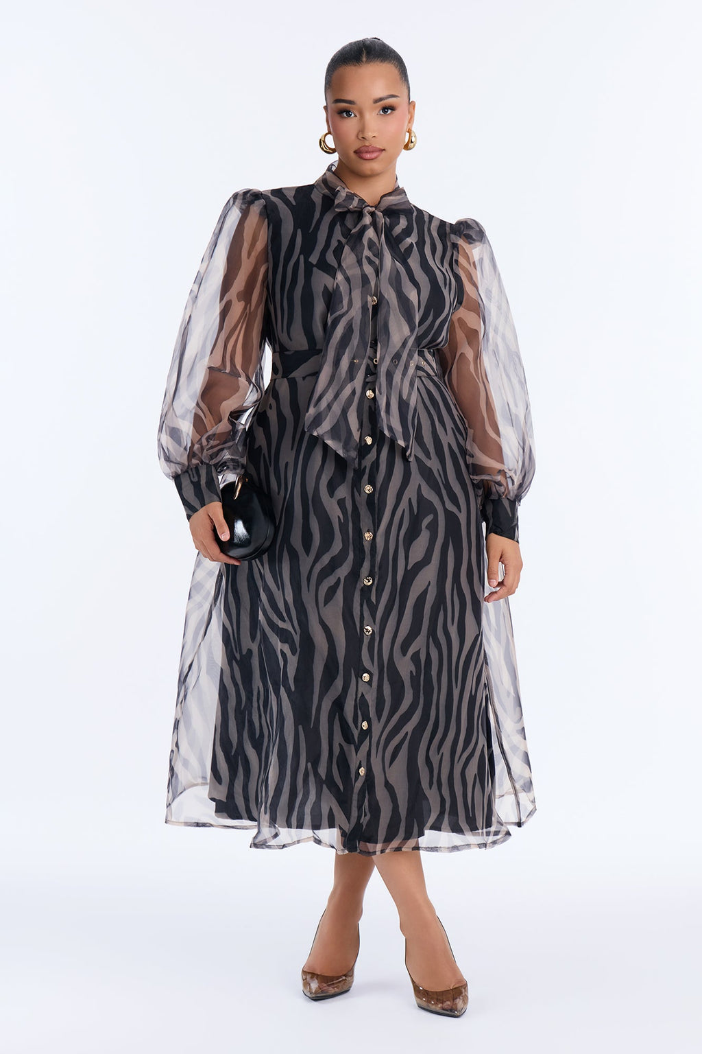 Miss Wild Girl Tie Front Midi Dress - Black/combo