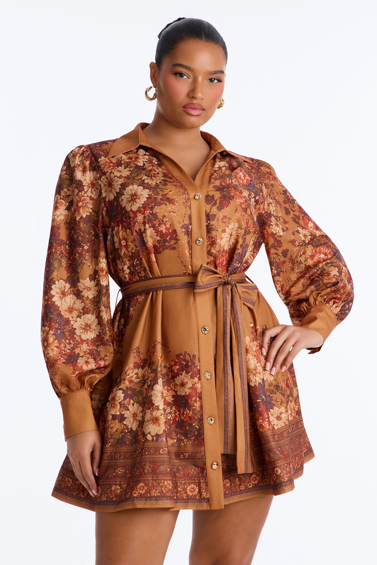 Autumn Floral Button Up Mini Dress - Copper
