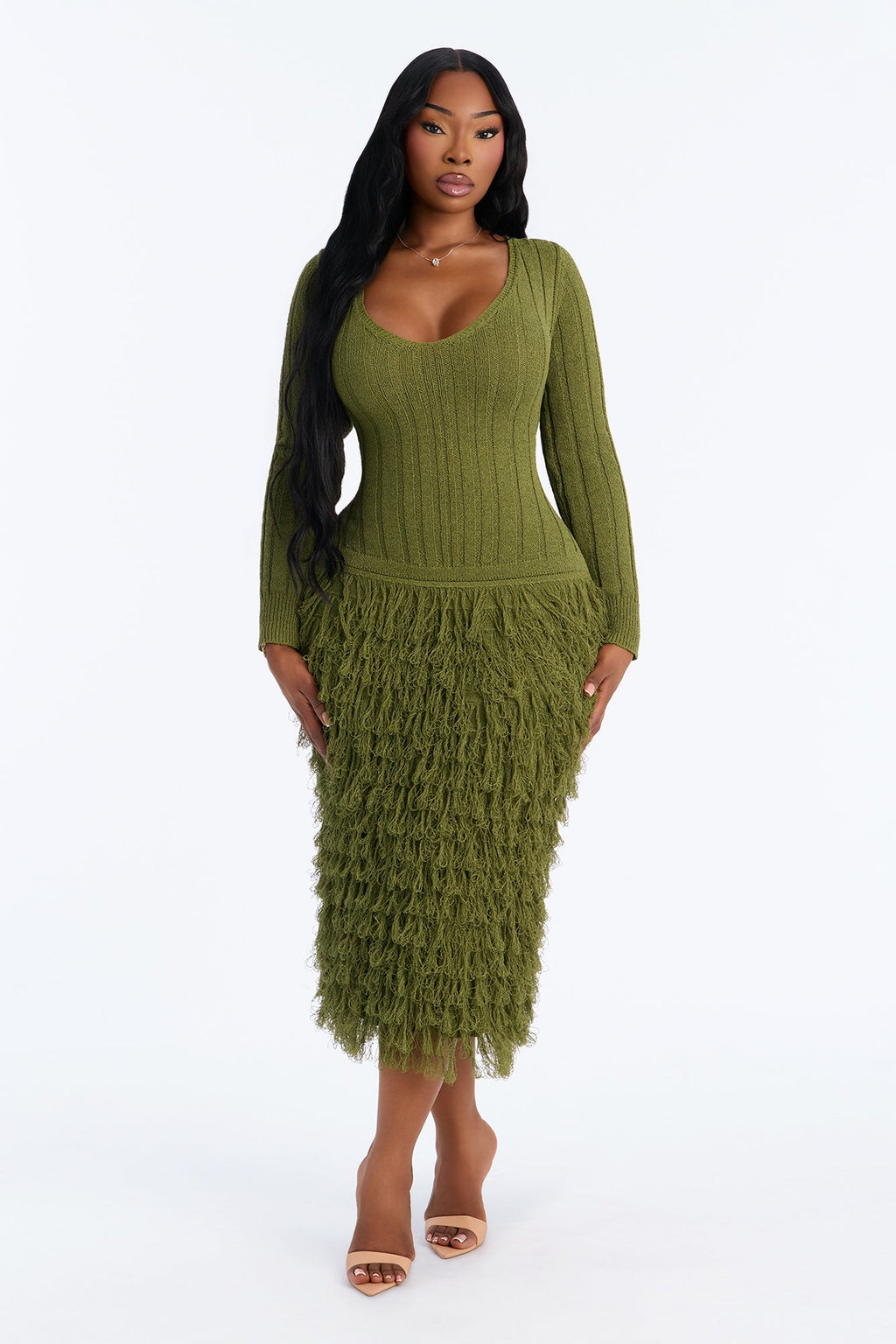 Shanice Fringe Sweater Midi Dress - Olive
