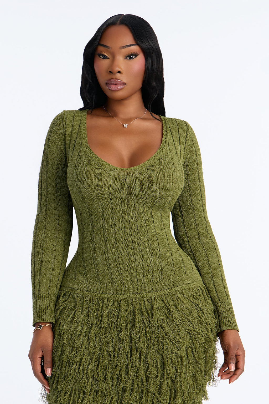 Shanice Fringe Sweater Midi Dress - Olive