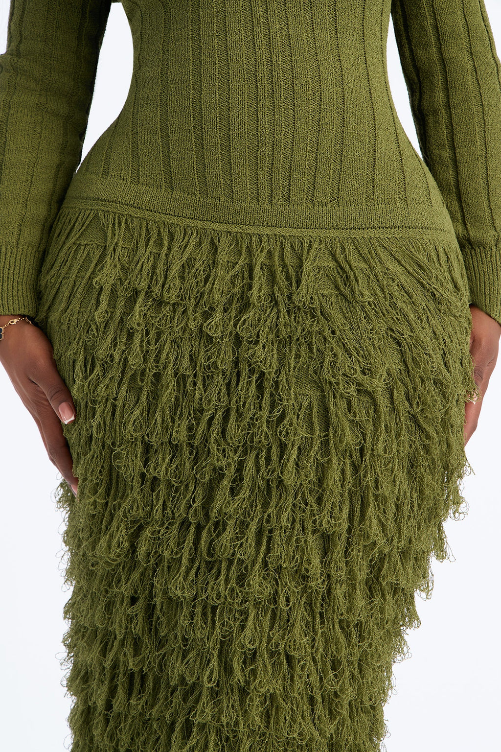 Shanice Fringe Sweater Midi Dress - Olive