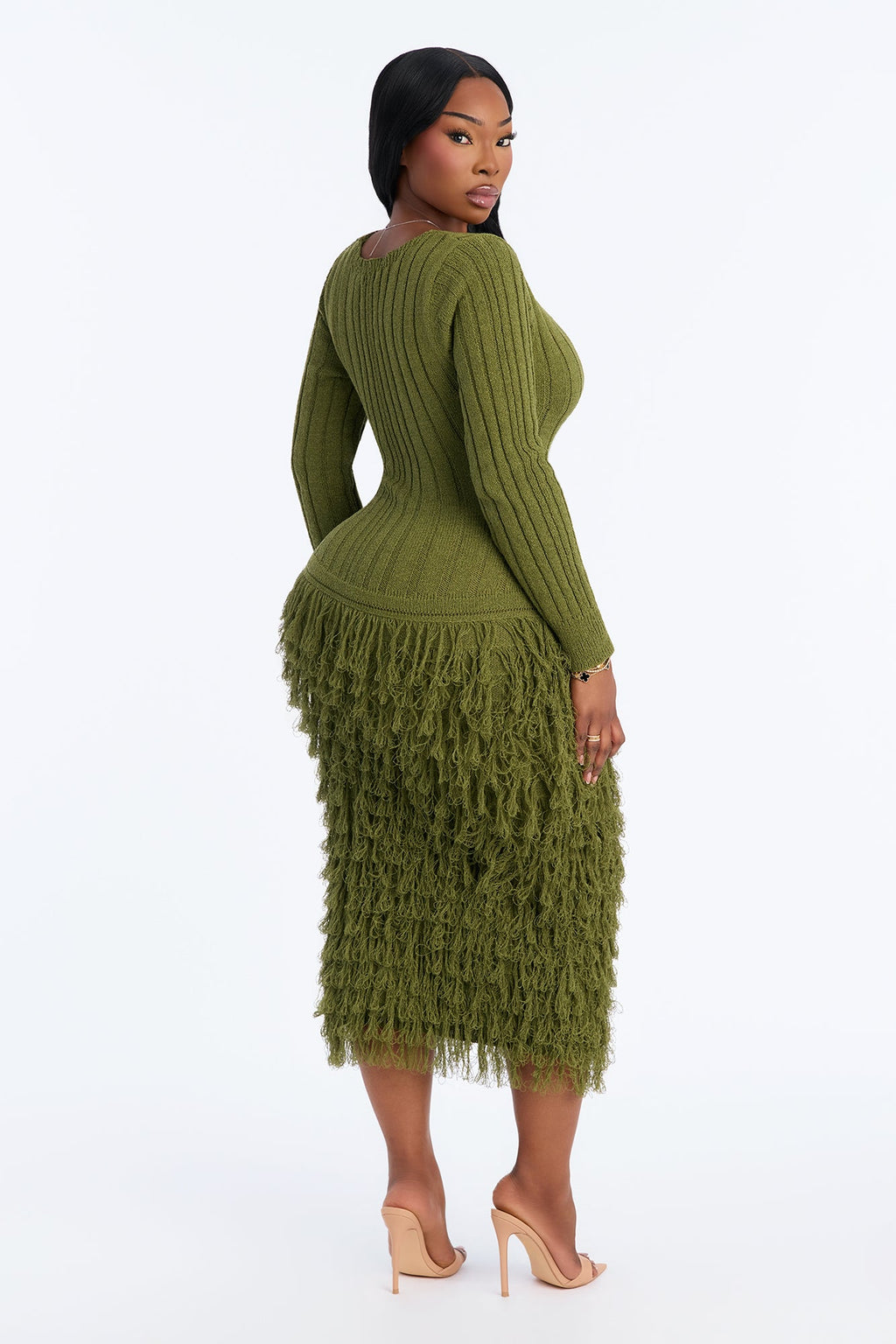 Shanice Fringe Sweater Midi Dress - Olive