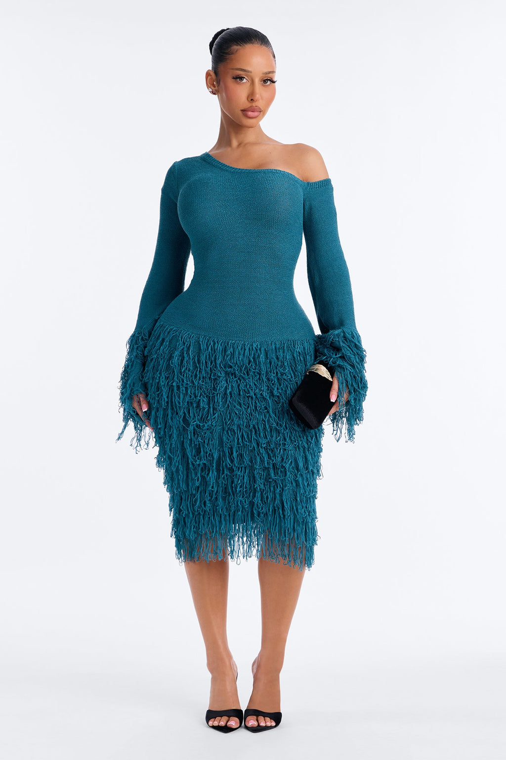 Show Stopper Fringe One Shoulder Midi Dress - Turquoise