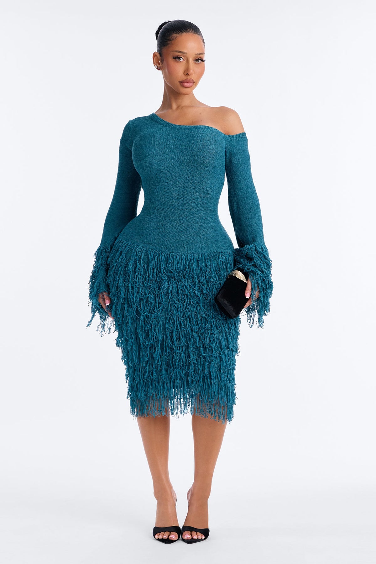 Show Stopper Fringe One Shoulder Midi Dress - Turquoise